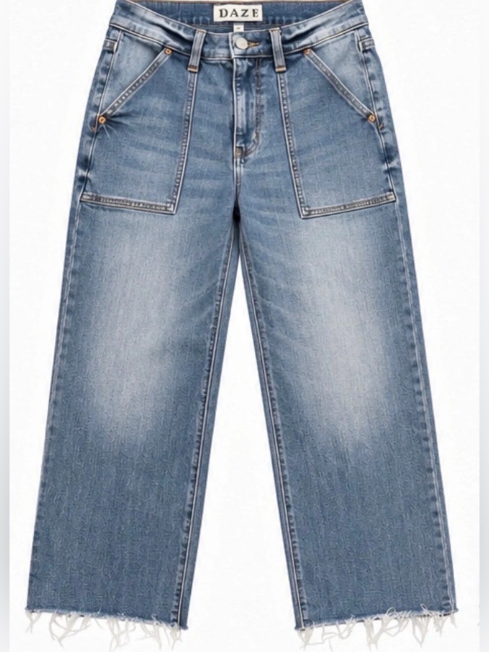 DAZE Valley Girl Jeans Size 28 High Rise Wide Leg Patch Pocket Raw Hem